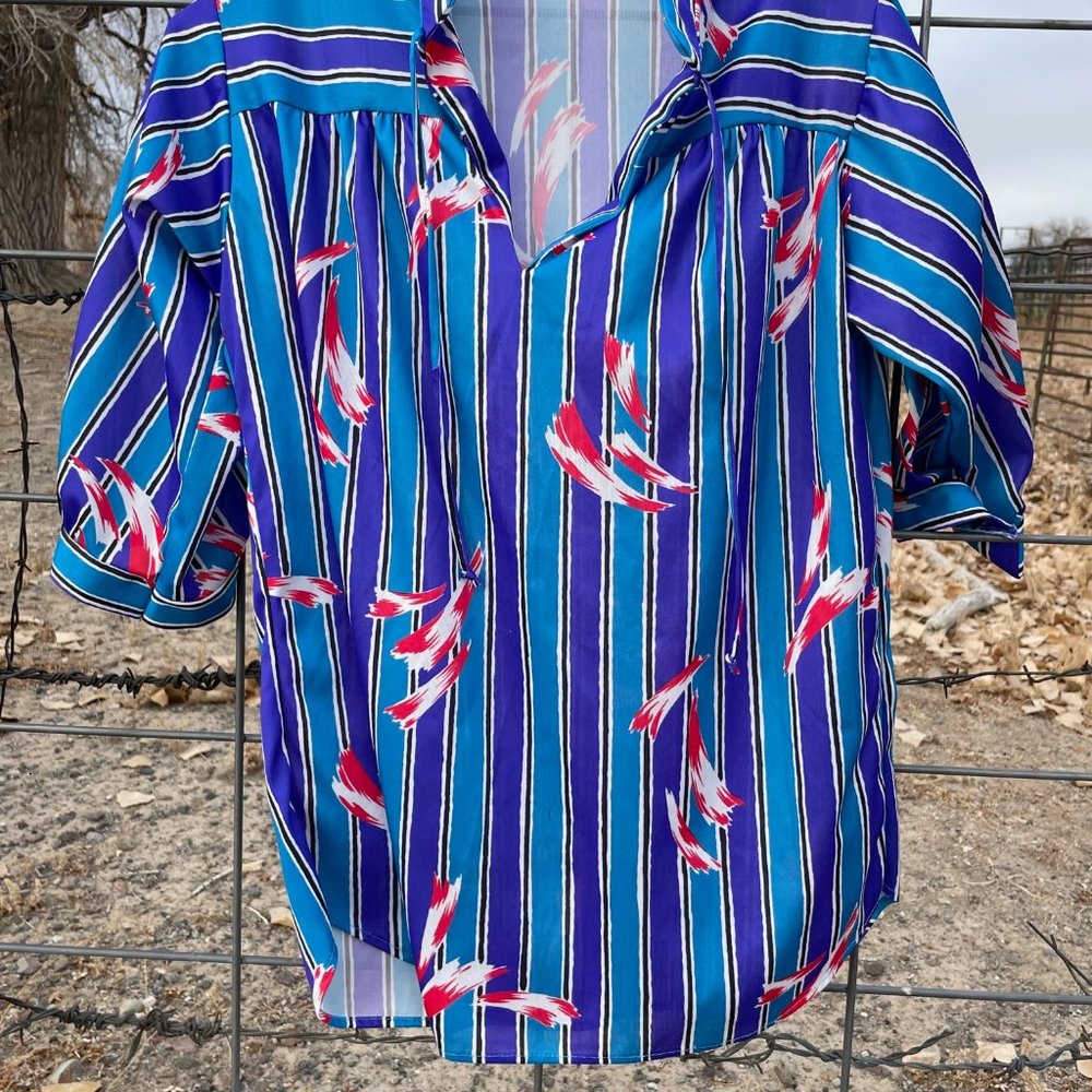 Vintage 80s or 90s Blue and Red Work Blouse Made in the USA Women's Medium